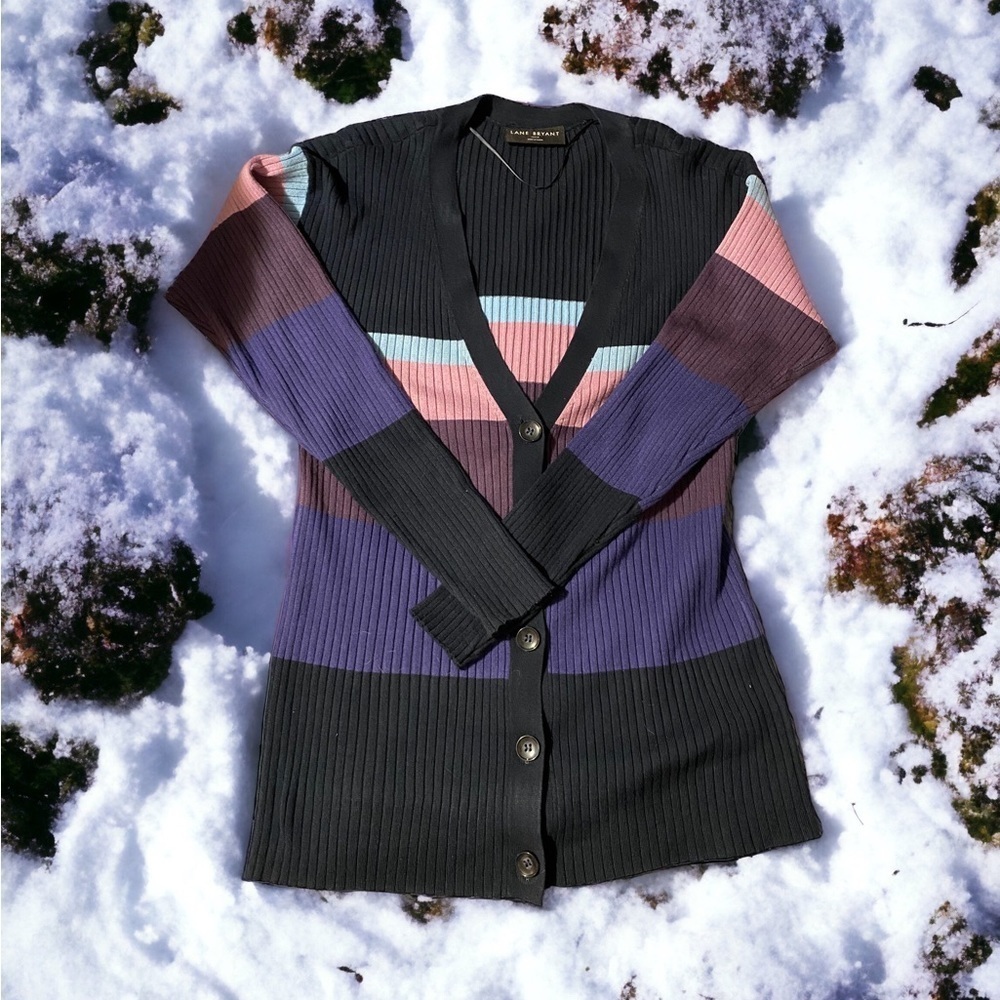 Lane Bryant Long-Sleeve Ribbed Cardigan – Stripe – NWOT 14/16 – Button-Front - Picture 3 of 7